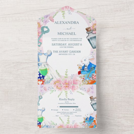 Alice in Wonderland Wedding All In One Uitnodiging (Binnen)