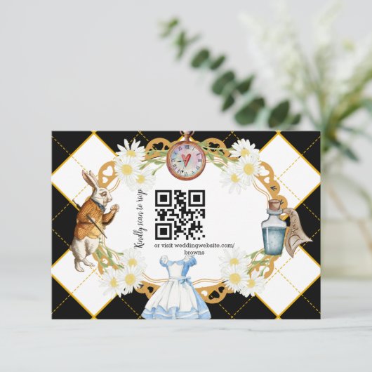 Alice in Wonderland Wedding qr code RSVP Card (Staand voorkant)