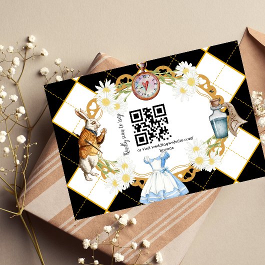Alice in Wonderland Wedding qr code RSVP Card Kaartje