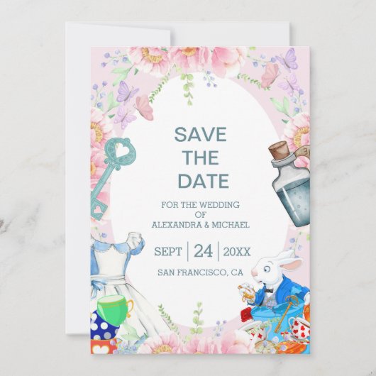 Alice in Wonderland Wedding Save The Date (Voorkant)