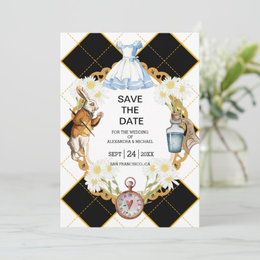 Alice in Wonderland Wedding Save the Date (Staand voorkant)