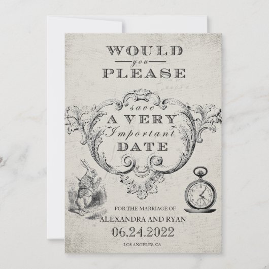 Alice in Wonderland Wedding Save The Date (Voorkant)