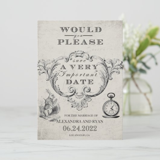 Alice in Wonderland Wedding Save The Date (Staand voorkant)