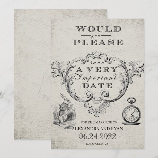 Alice in Wonderland Wedding Save The Date (Voorkant / Achterkant)