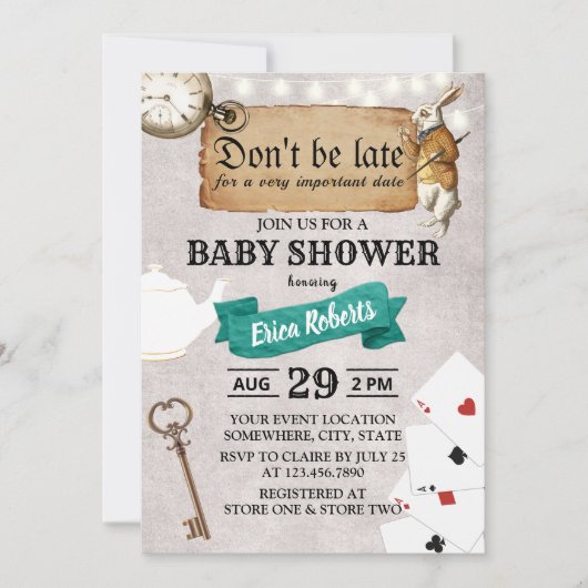 Alice in Wonderland, wees niet te laat Baby shower Kaart (Voorkant)