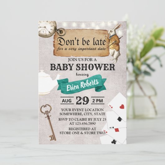 Alice in Wonderland, wees niet te laat Baby shower Kaart (Staand voorkant)