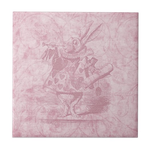 Alice in Wonderland White Rabbit Pink Floral Art Tegeltje (Voorkant)