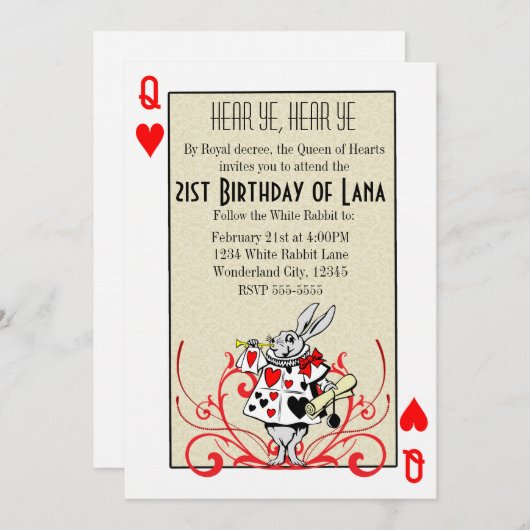 Alice in Wonderland White Rabbit Queen of Hearts Kaart (Voorkant / Achterkant)
