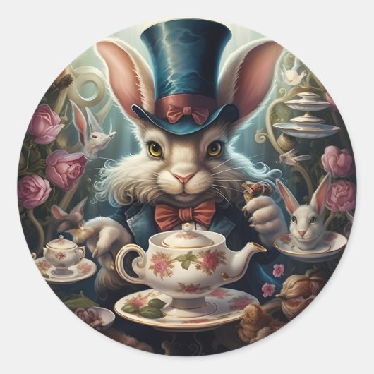 Alice in Wonderland White Rabbit Tea party Ronde Sticker (Voorkant)