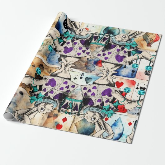 Alice in wonderland wit konijn paarse cadeaupapier (Uitgerold)