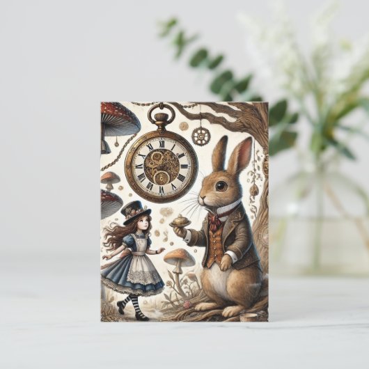 Alice in Wonderland Witte Konijn thee Kunst Briefkaart (Staand voorkant)