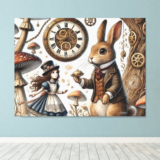 Alice in Wonderland Witte Konijn thee Kunst Canvas Afdruk (Insitu (Houten vloer))