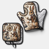 Alice in Wonderland Witte Konijn thee Kunst Ovenwant & Pannenlap Set (Voorkant / Achterkant)