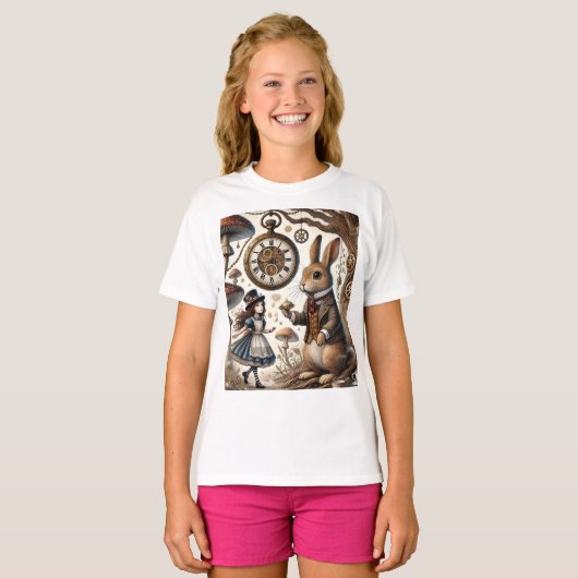 Alice in Wonderland Witte Konijn thee Kunst T-shirt (Voorkant volledig)