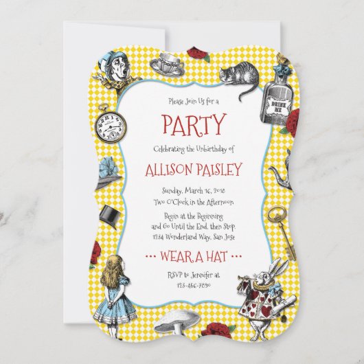 Alice in Wonderland Yellow Check Party Kaart (Voorkant)