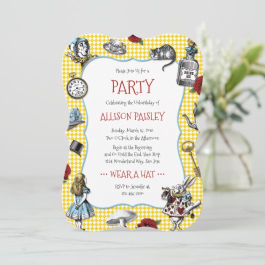 Alice in Wonderland Yellow Check Party Kaart (Staand voorkant)