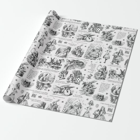 Alice in Wonderland Zwart Wit Toile Quotes Cadeaupapier (Uitgerold)