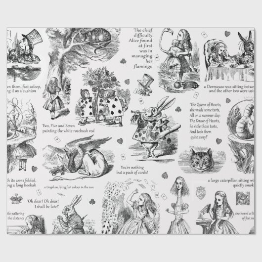 Alice in Wonderland Zwart Wit Toile Quotes Cadeaupapier (Vlak)