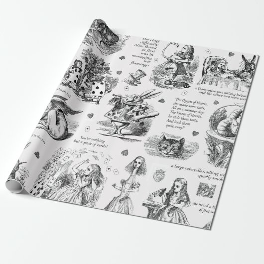 Alice in Wonderland Zwart Wit Toile Quotes Cadeaupapier (Uitgerold)