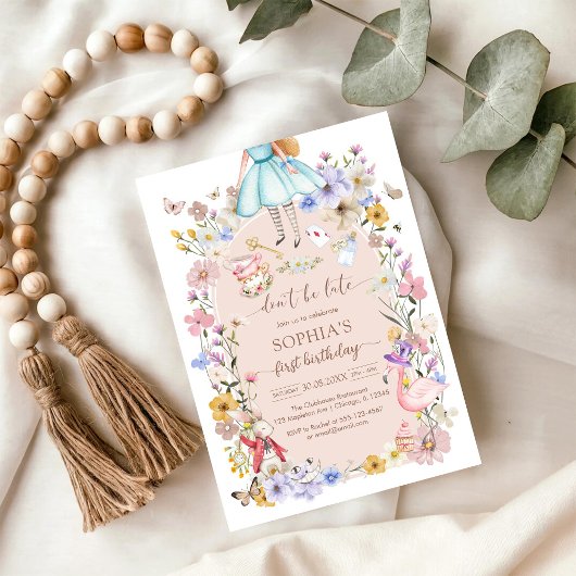 Alice In Worderland Wildflower Birthday Invitation Kaart