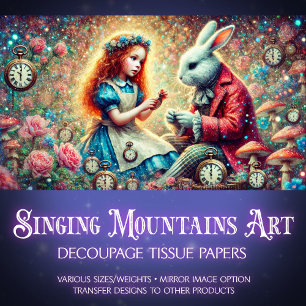 Alice Konijn Bloemen Klok Fantasy Decoupage Tissuepapier