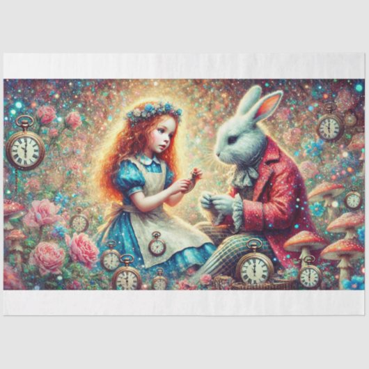 Alice Konijn Bloemen Klok Fantasy Decoupage Tissuepapier (Voorkant)