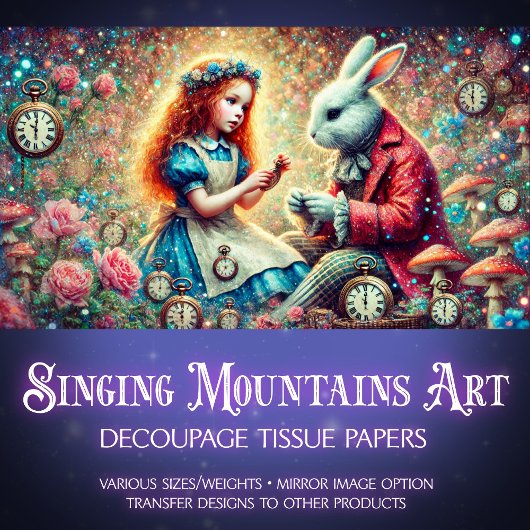 Alice Konijn Bloemuur Klok Fantasie Decoupage Tissuepapier