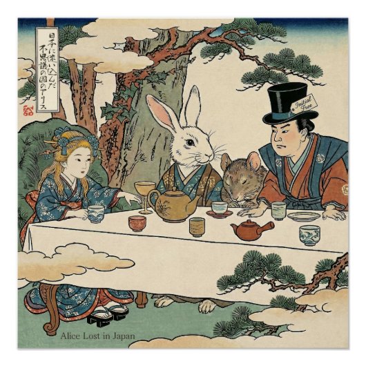 Alice Lost in Japan | Ukiyo-e Mad Tea Party Perfect Poster (Voorkant)