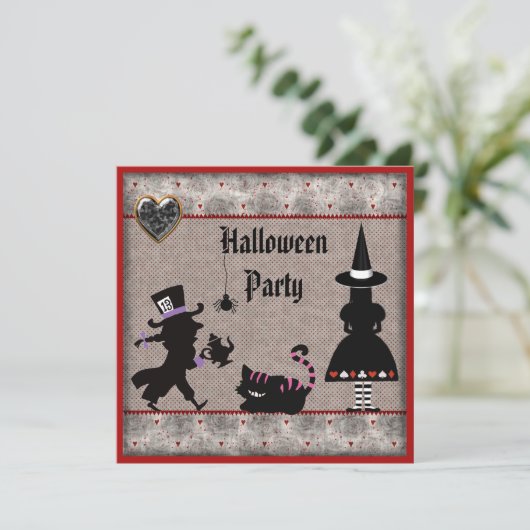 Alice, Mad Hatter en Cheshire Cat Halloween Party Kaart (Staand voorkant)