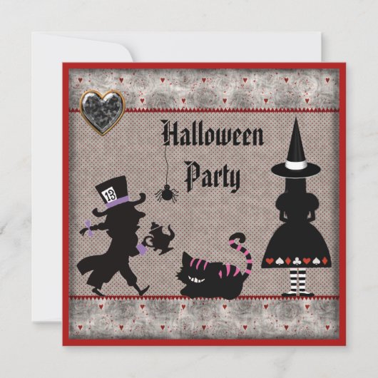 Alice, Mad Hatter en Cheshire Cat Halloween Party Kaart (Voorkant)