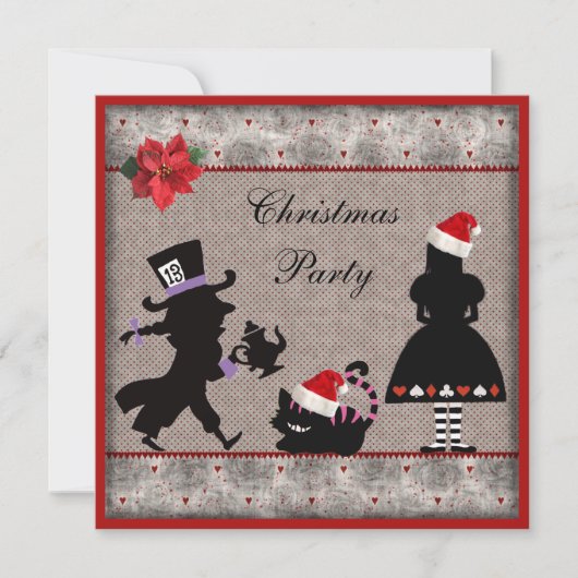 Alice, Mad Hatter en Cheshire Cat Kerstparty Kaart (Voorkant)