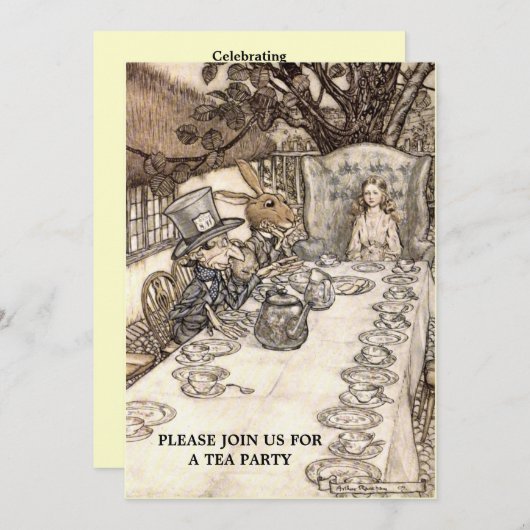Alice Mad Hatter Tea Party 2 Sjabloon Uitnodiging (Voorkant / Achterkant)