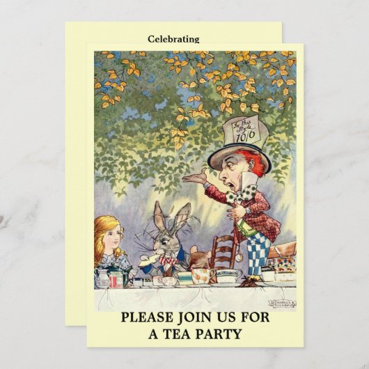 Alice Mad Hatter Tea Party Sjabloon Uitnodiging (Voorkant / Achterkant)