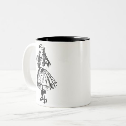 Alice met 'Drink me' fles Tweekleurige Koffiemok (Voorkant links)