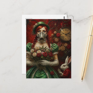 Alice Met Rode Haar in Gas Masker Met Witte Konijn Briefkaart