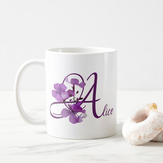 Alice naam paarse bloemen schattig Koffiemok (Met donut)