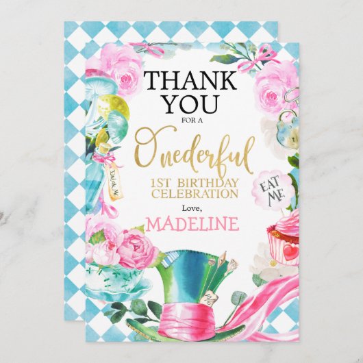 Alice Onederful 1e verjaardag Dank je wel Kaart (Voorkant / Achterkant)