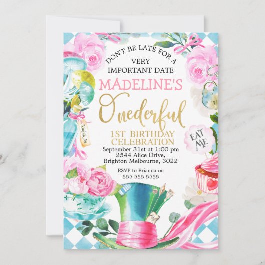 Alice Onederful 1st Birthday Uitnodiging (Voorkant)