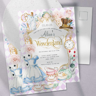Alice onederland tea party meisje eerste verjaarda uitnodiging briefkaart