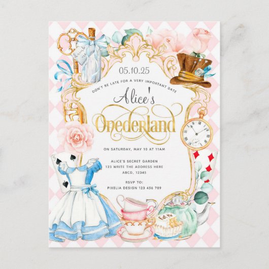 Alice Onederland theefeestje meisje 1 verjaardag U Uitnodiging Briefkaart (Voorkant)