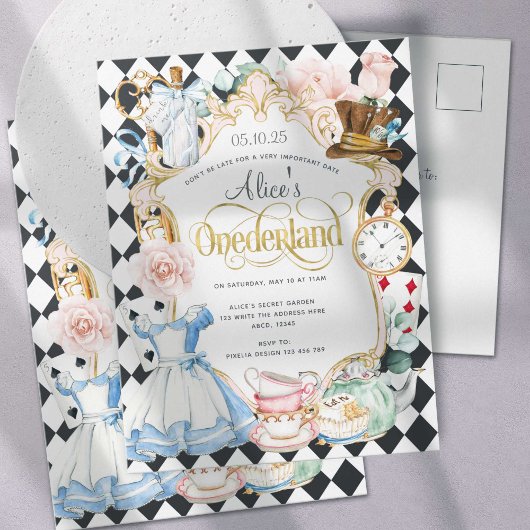 Alice Onederland theefeestje meisje 1 verjaardag Uitnodiging Briefkaart