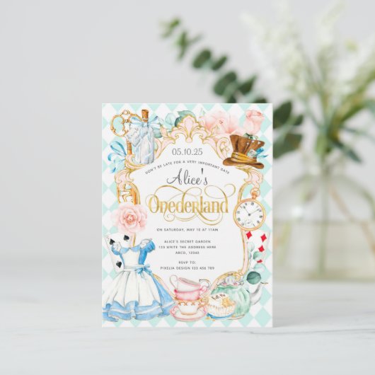 Alice Onederland-theefeestje verjaart Uitnodiging Briefkaart (Staand voorkant)