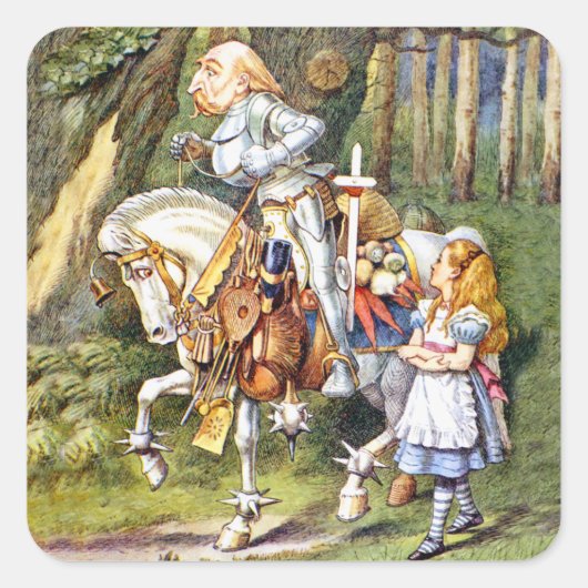 Alice ontmoet de Witte Ridder in Wonderland Vierkante Sticker (Voorkant)