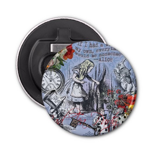 Alice onzin gordijn wonderland - Blauw Button Flesopener (Voorkant)