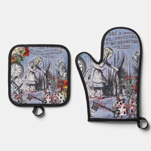 Alice onzin gordijn wonderland - Blauw Ovenwant & Pannenlap Set (Voorkant)