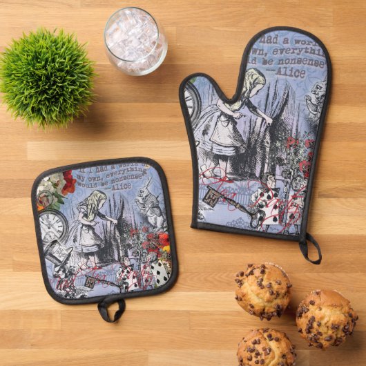 Alice onzin gordijn wonderland - Blauw Ovenwant & Pannenlap Set (Top down)
