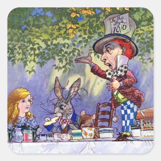 Alice op de Mad Hatter's Tea Party Vierkante Sticker (Voorkant)
