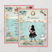 Alice, Roze Flamingo & Cheshire Cat Birthday Party Kaart (Voorkant / Achterkant)