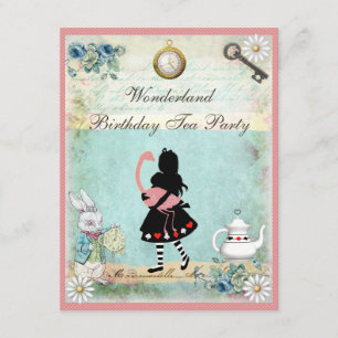 Alice, Roze Flamingo & Cheshire Cat Birthday Party Kaart