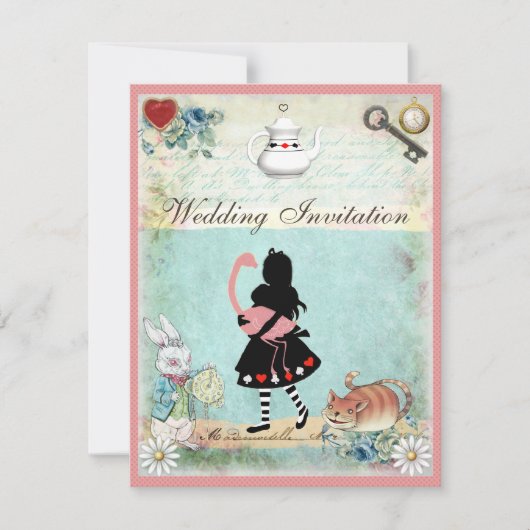 Alice, Roze Flamingo & Cheshire Cat Wedding Kaart (Voorkant)
